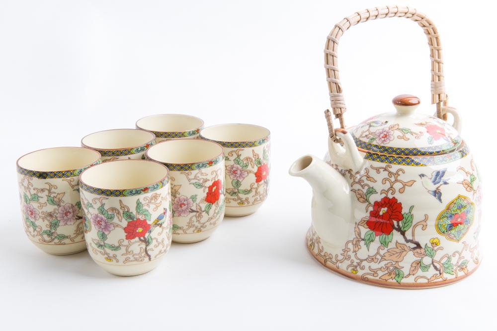 Chinese Tea Set Porcelain Flowers Giftbox 7 Piece