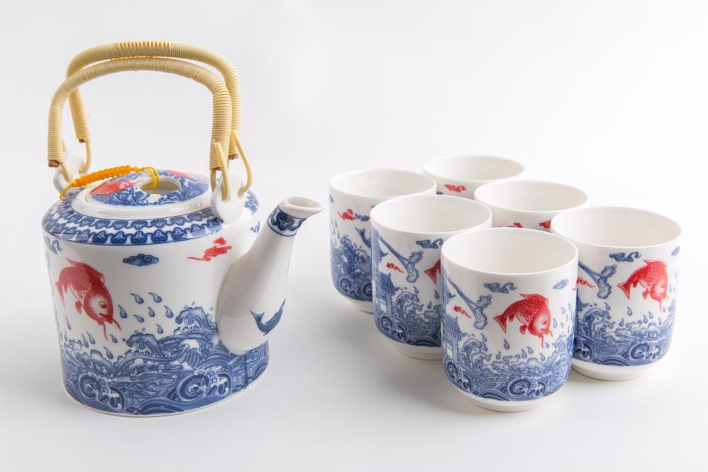 Chinese Tea Set Porcelain Red Koi Fishes Giftbox 7 Piece